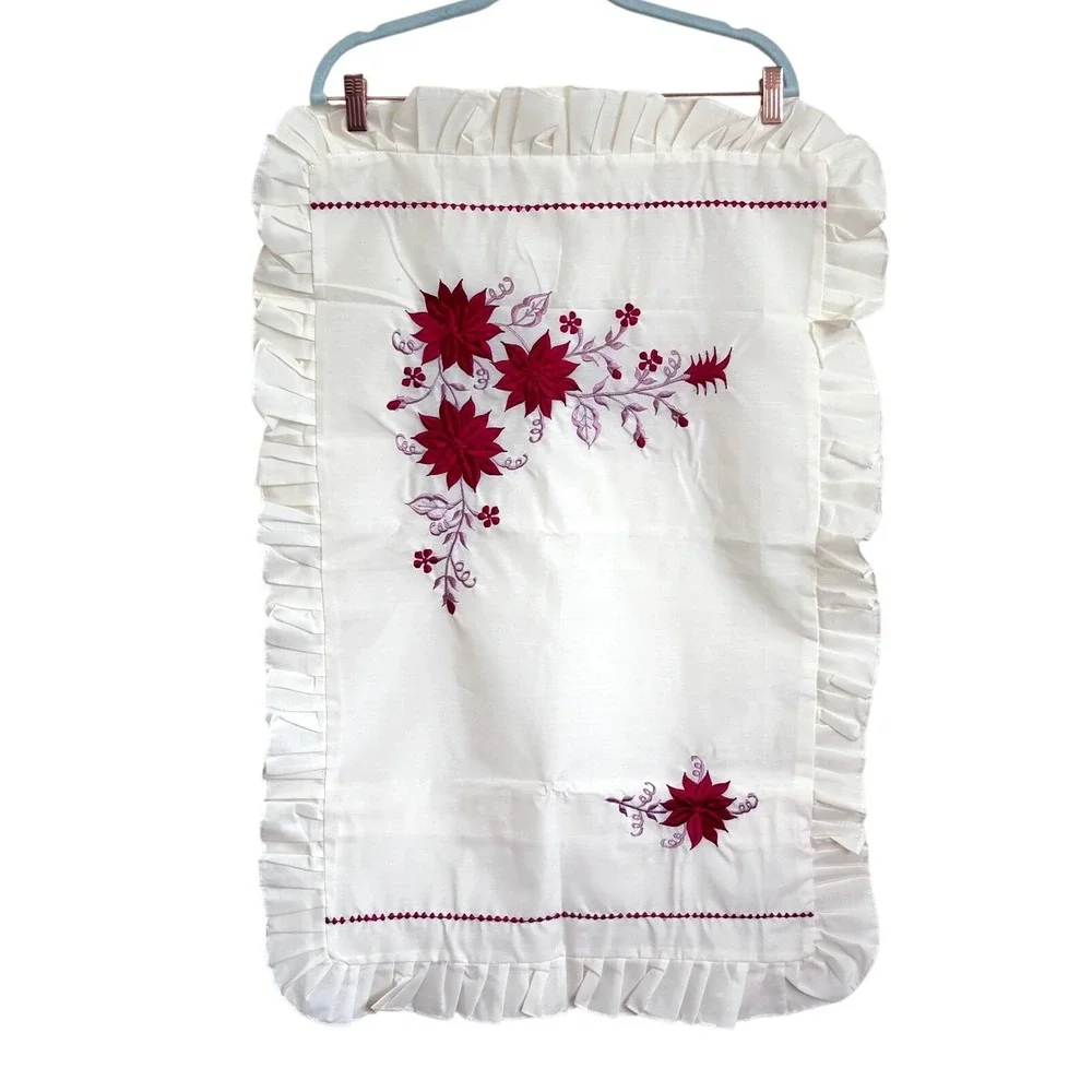 Vintage Floral Embroidered Ruffle Cottage Pillow Shams White Red Farmhouse 28X17